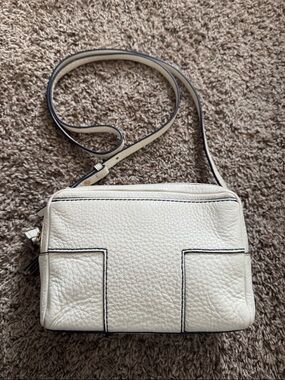 Tory Burch Block T Double Zip Crossbody Bag Leather in Cream with Black Trim